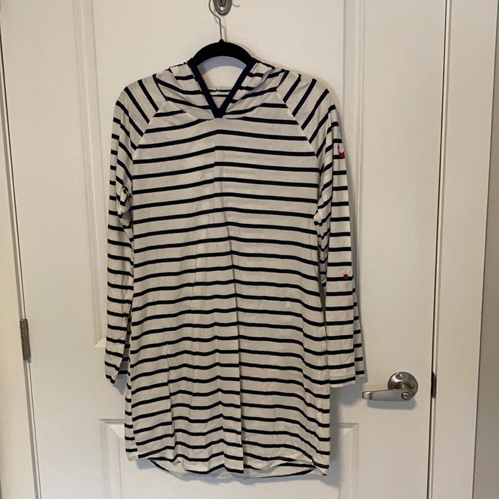 Nautica Navy and White Strip Long Sleeve Hooded Beach Cover up